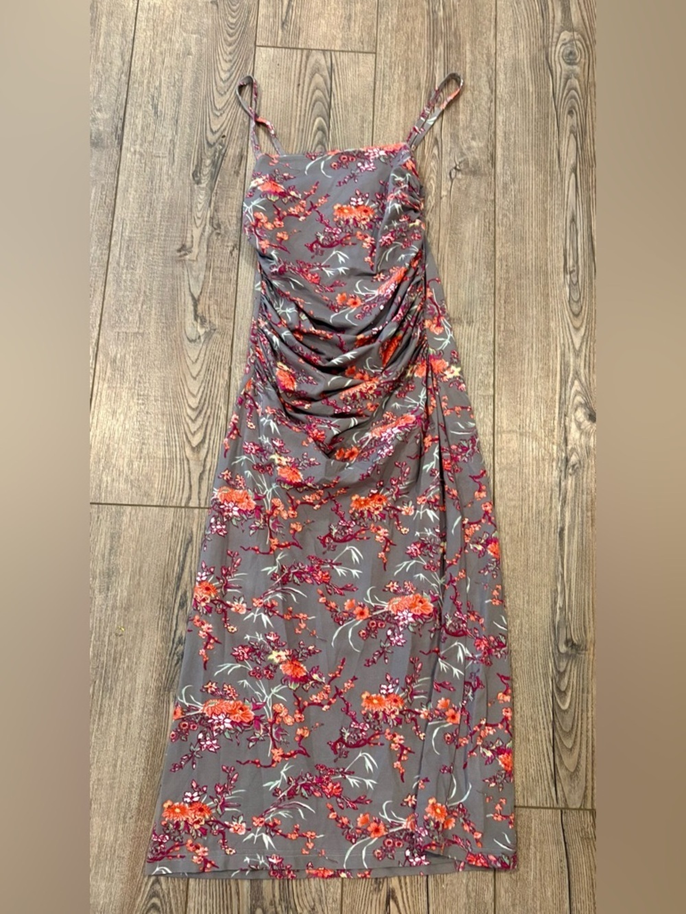 Free people elegant orange floral gray orange Asian style midi dress